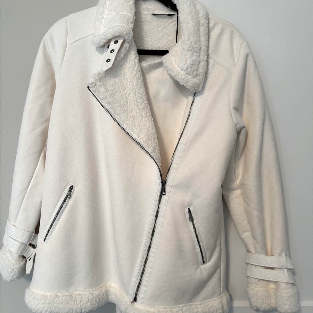 Peach Aspen Jacket. aviator, buckles, asymmetric zipper,soft, cozy faux sherpa